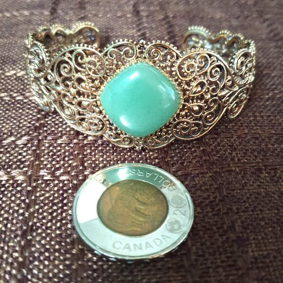 Vintage 1950s Chinese Export Green Jade Sterling Gold Vermeil Filigree Bracelet - Picture 9 of 13